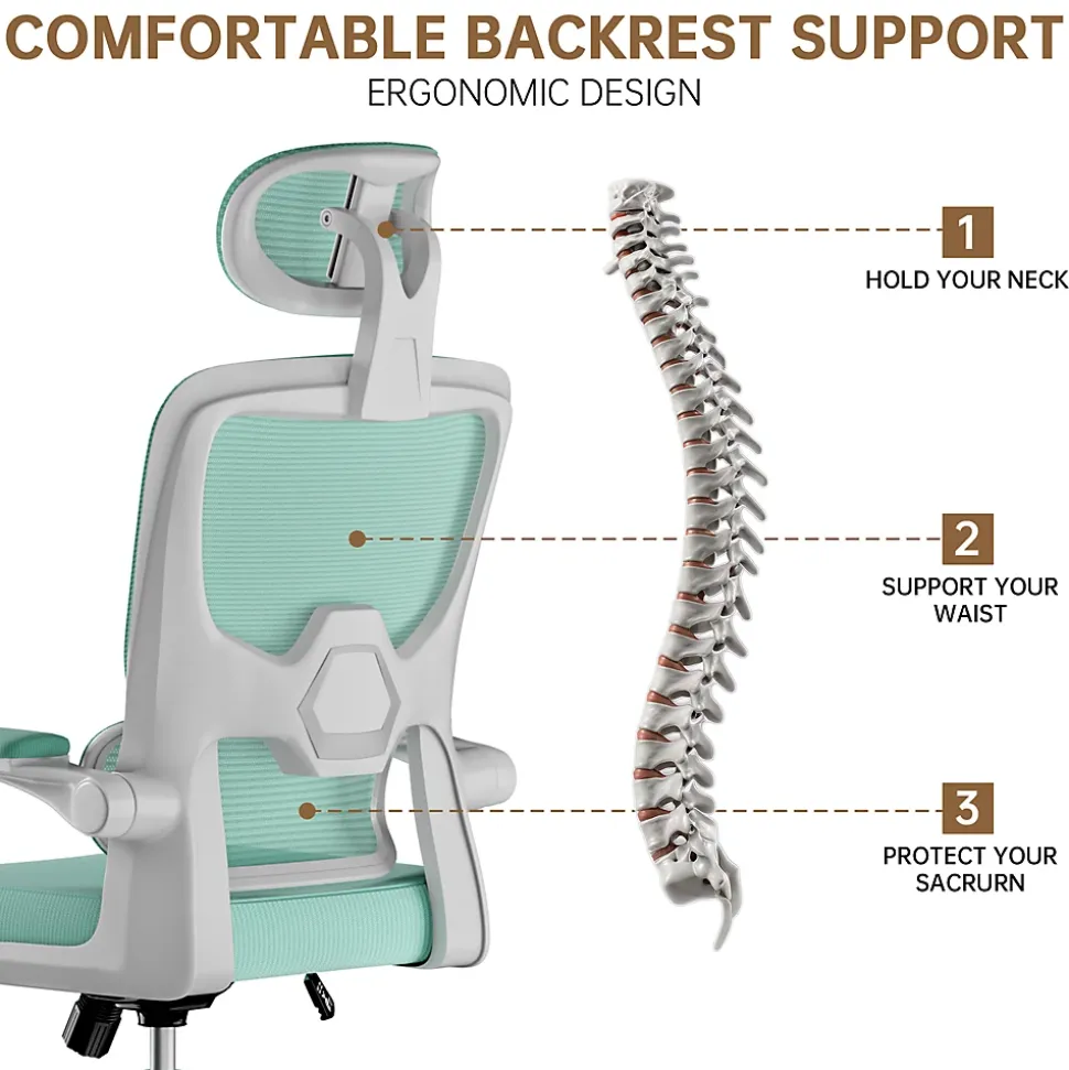 Chaise de Bureau Ergonomique avec Accoudoirs Pliables, Hauteur Réglable, Dossier Respirant