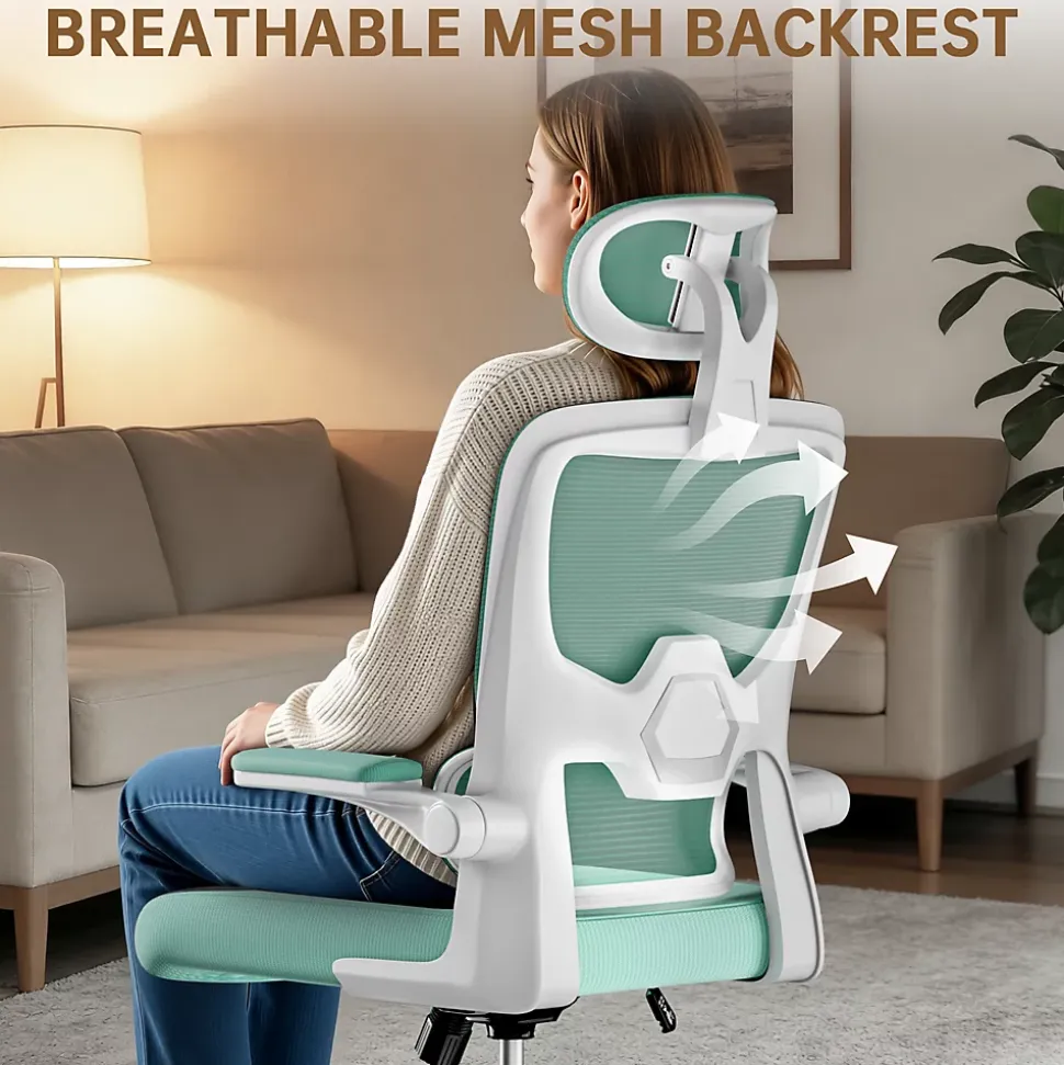 Chaise de Bureau Ergonomique avec Accoudoirs Pliables, Hauteur Réglable, Dossier Respirant