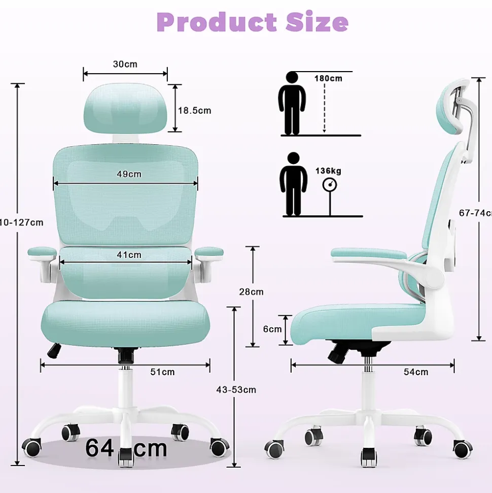 Chaise de Bureau Ergonomique avec Accoudoirs Pliables, Hauteur Réglable, Dossier Respirant