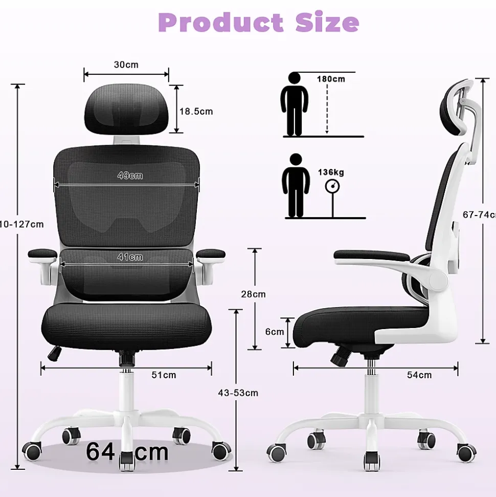 Chaise de Bureau Ergonomique avec Accoudoirs Pliables, Hauteur Réglable, Dossier Respirant