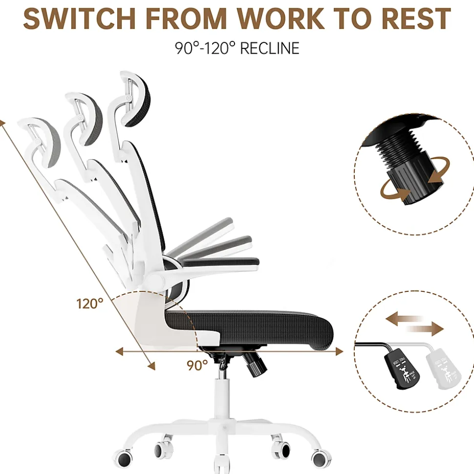 Chaise de Bureau Ergonomique avec Accoudoirs Pliables, Hauteur Réglable, Dossier Respirant