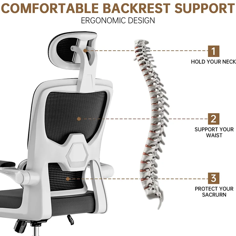 Chaise de Bureau Ergonomique avec Accoudoirs Pliables, Hauteur Réglable, Dossier Respirant