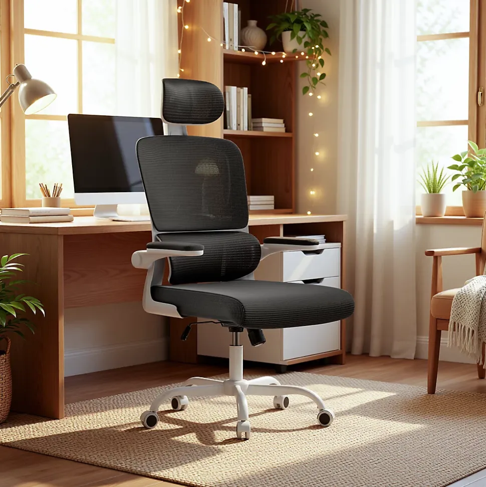 Chaise de Bureau Ergonomique avec Accoudoirs Pliables, Hauteur Réglable, Dossier Respirant