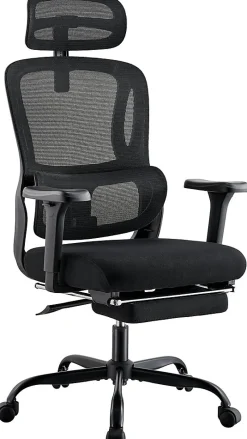 Chaise de bureau ergonomique avec repose-pieds Mankato, accoudoirs 3D, soutien lombaire, appui-tête, supporte jusqu'à 150 kg Noir