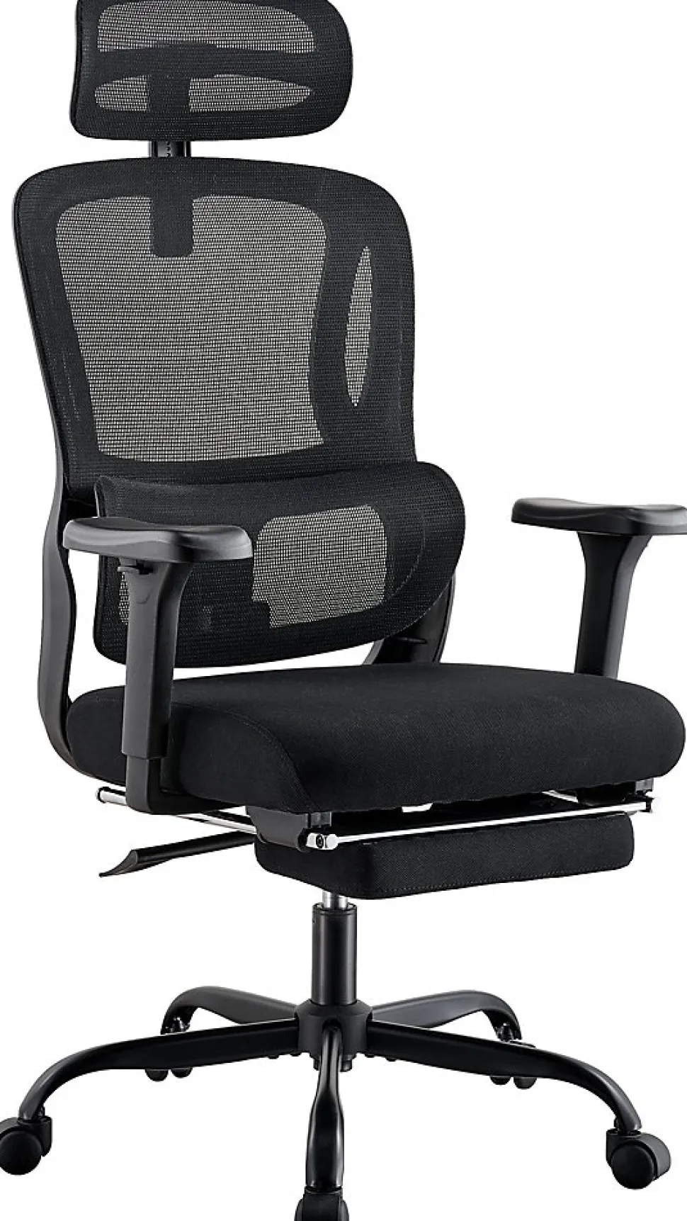 Chaise de bureau ergonomique avec repose-pieds Mankato, accoudoirs 3D, soutien lombaire, appui-tête, supporte jusqu'à 150 kg Noir