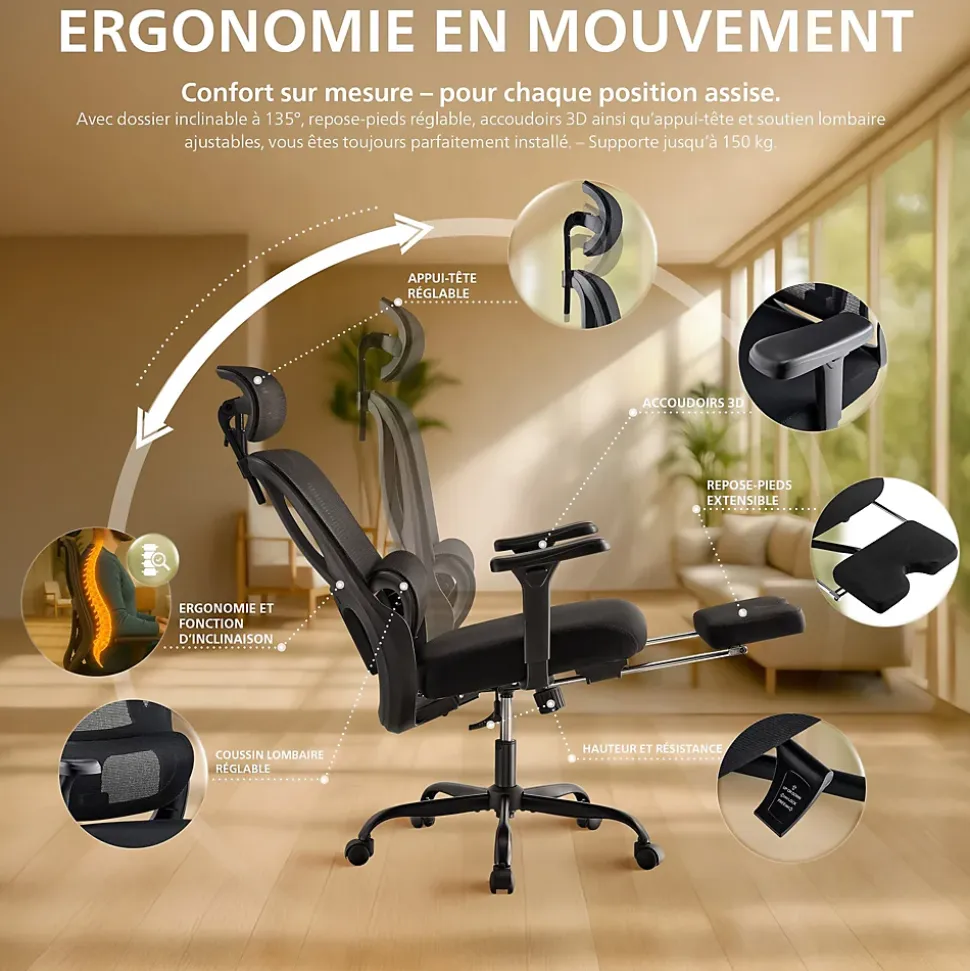 Chaise de bureau ergonomique avec repose-pieds Mankato, accoudoirs 3D, soutien lombaire, appui-tête, supporte jusqu'à 150 kg Noir