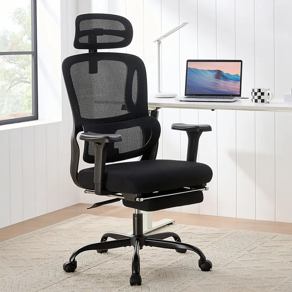 Chaise de bureau ergonomique avec repose-pieds Mankato, accoudoirs 3D, soutien lombaire, appui-tête, supporte jusqu'à 150 kg Noir