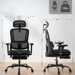 Chaise de bureau ergonomique avec repose-pieds Mankato, accoudoirs 3D, soutien lombaire, appui-tête, supporte jusqu'à 150 kg Noir
