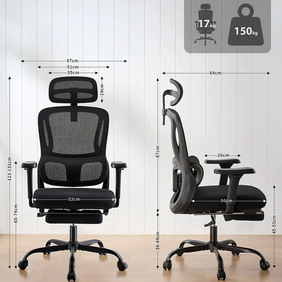 Chaise de bureau ergonomique avec repose-pieds Mankato, accoudoirs 3D, soutien lombaire, appui-tête, supporte jusqu'à 150 kg Noir
