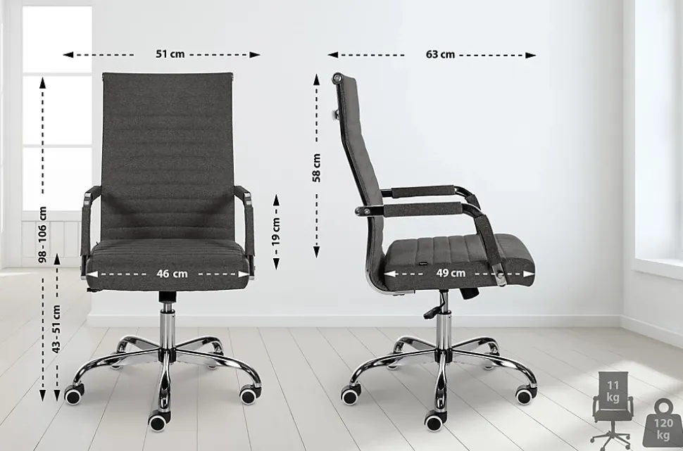 Chaise de bureau ergonomique Amadora, réglable en hauteur, pivotante 360 degrés, similicuir ou tissu. Grisfoncé/Tissu