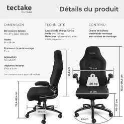 Chaise de bureau ergonomique tissu noir 70x67x131cm
