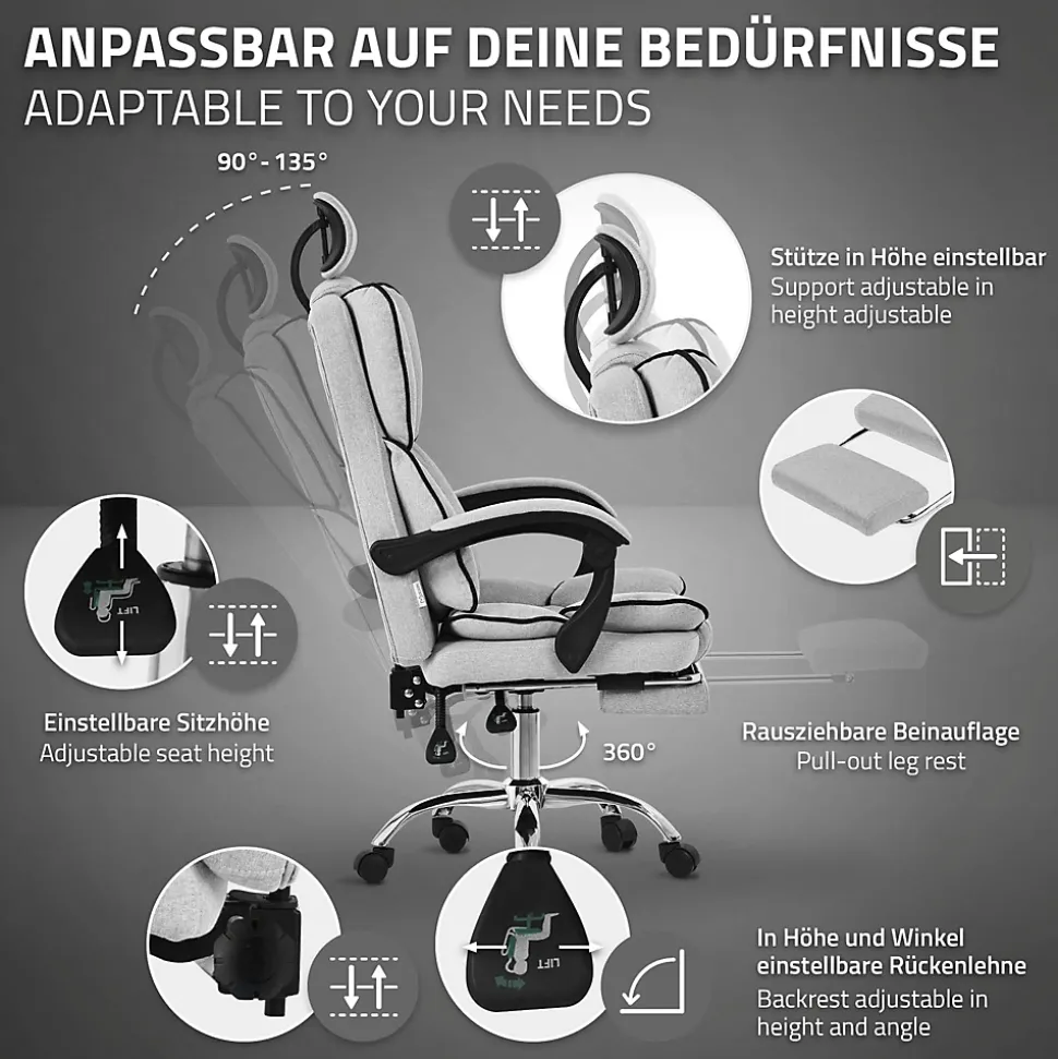 Chaise de bureau ergonomique hauteur réglable fauteuil de direction gris clair