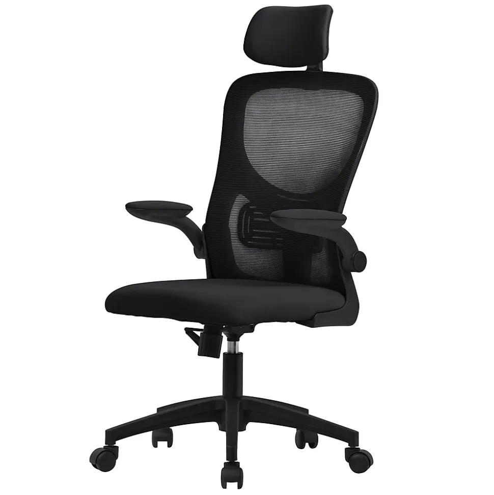 Chaise de Bureau Ergonomique, Noire, en Maille, Appui-Tête et Accoudoirs Réglables