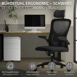 Chaise de Bureau Ergonomique, Noire, en Maille, Appui-Tête et Accoudoirs Réglables