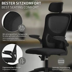 Chaise de Bureau Ergonomique, Noire, en Maille, Appui-Tête et Accoudoirs Réglables