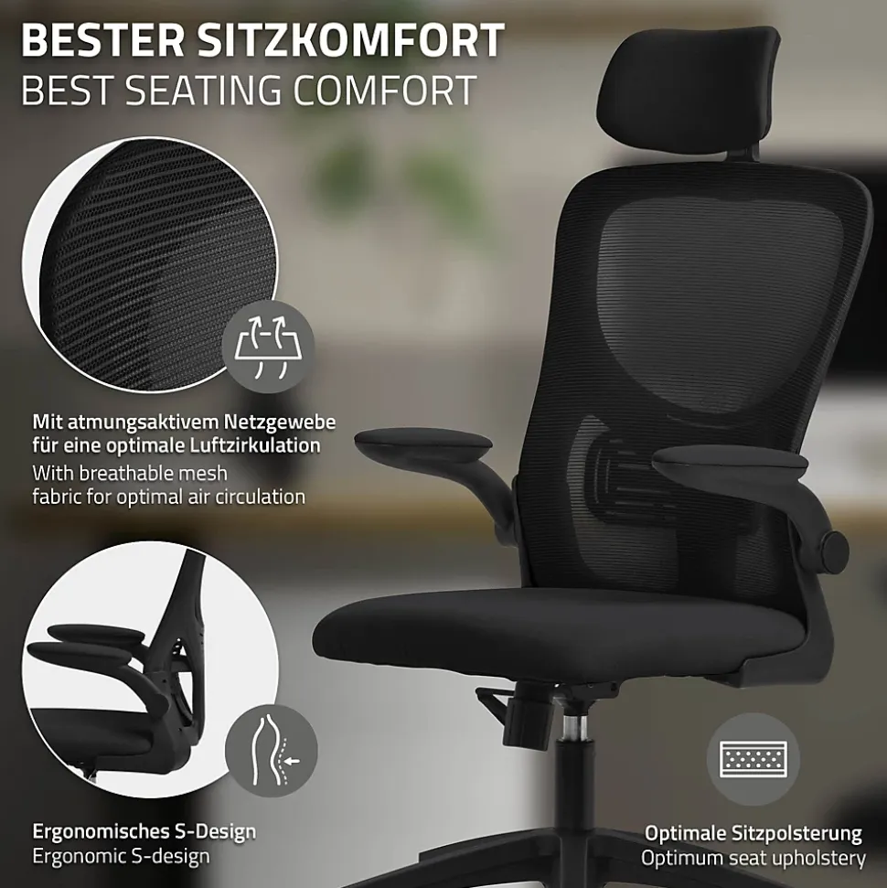 Chaise de Bureau Ergonomique, Noire, en Maille, Appui-Tête et Accoudoirs Réglables