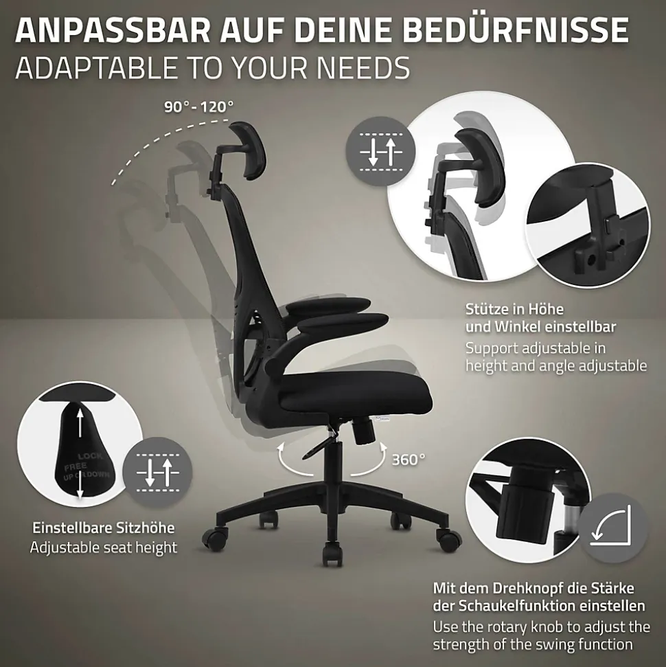 Chaise de Bureau Ergonomique, Noire, en Maille, Appui-Tête et Accoudoirs Réglables