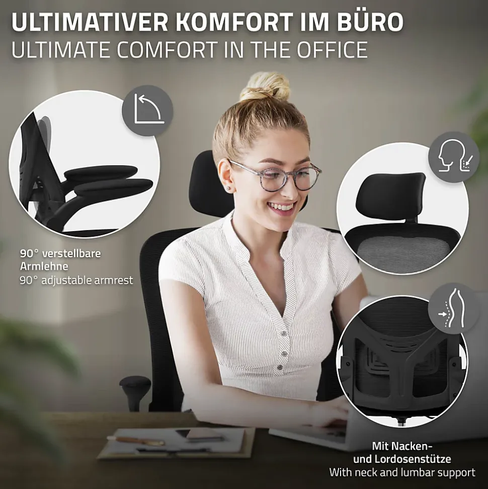 Chaise de Bureau Ergonomique, Noire, en Maille, Appui-Tête et Accoudoirs Réglables