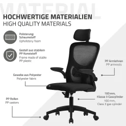 Chaise de Bureau Ergonomique, Noire, en Maille, Appui-Tête et Accoudoirs Réglables