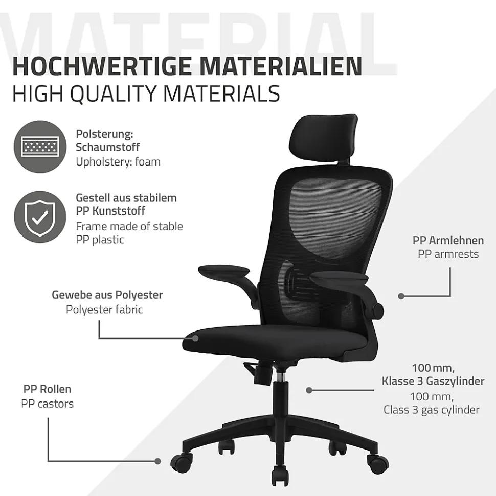 Chaise de Bureau Ergonomique, Noire, en Maille, Appui-Tête et Accoudoirs Réglables