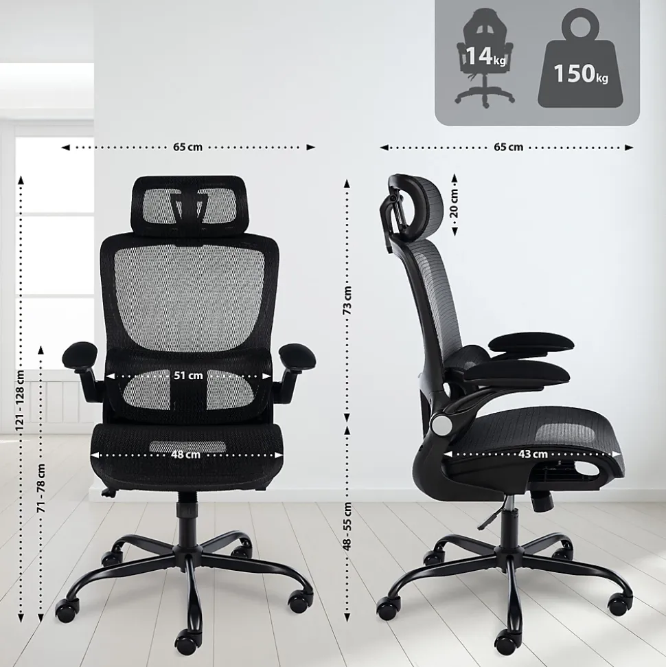 Chaise de bureau ergonomique, Kaylee réglable hauteur appui-tête, pivotante avec soutien lombaire réglable jusqu'à 150 kg. Noir