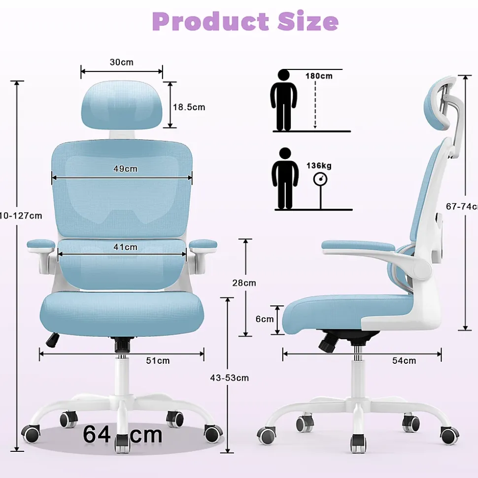 Chaise de Bureau Ergonomique avec Accoudoirs Pliables, Hauteur Réglable, Dossier Respirant