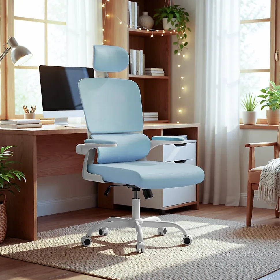 Chaise de Bureau Ergonomique avec Accoudoirs Pliables, Hauteur Réglable, Dossier Respirant