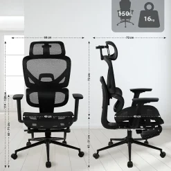 Chaise de bureau ergonomique Beresford, soutien lombaire, repose-pieds, housse maille respirante, siège pivotant Noir