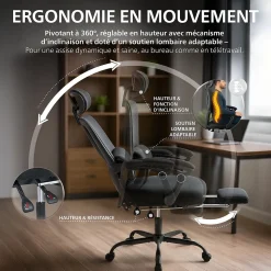 Chaise de bureau ergonomique Liberton avec repose-pieds appui-tête ajustable pivotante dossier en maille en S Noir