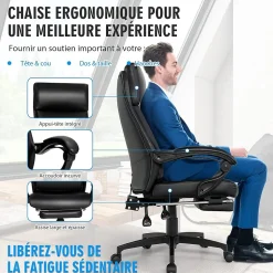 Chaise de Bureau Fauteuil de Bureau Ergonomique pour Ordinateur Dossier Haut Capacité portante 150 kg Réglable de 105 à 145 Degrés