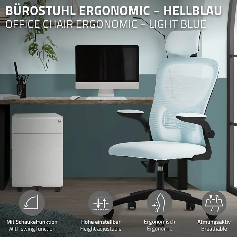 Chaise de bureau gaming ergonomique bleu pivotant en maille appui-tête réglable