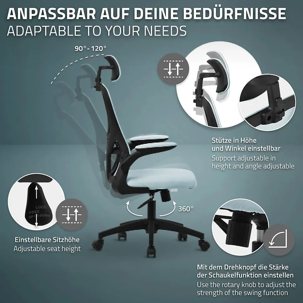 Chaise de bureau gaming ergonomique bleu pivotant en maille appui-tête réglable