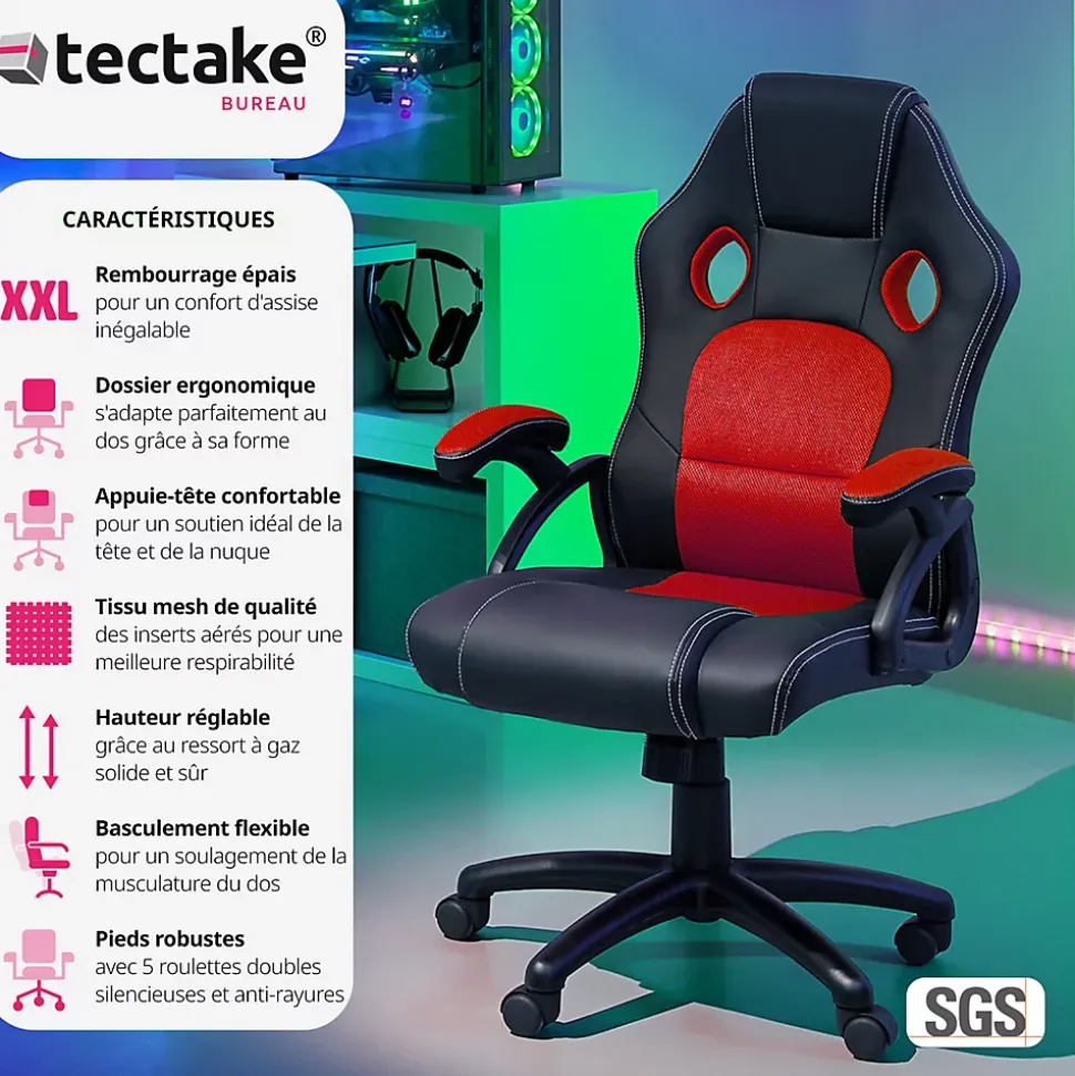 Chaise de bureau gaming Forme ergonomique noir et rouge