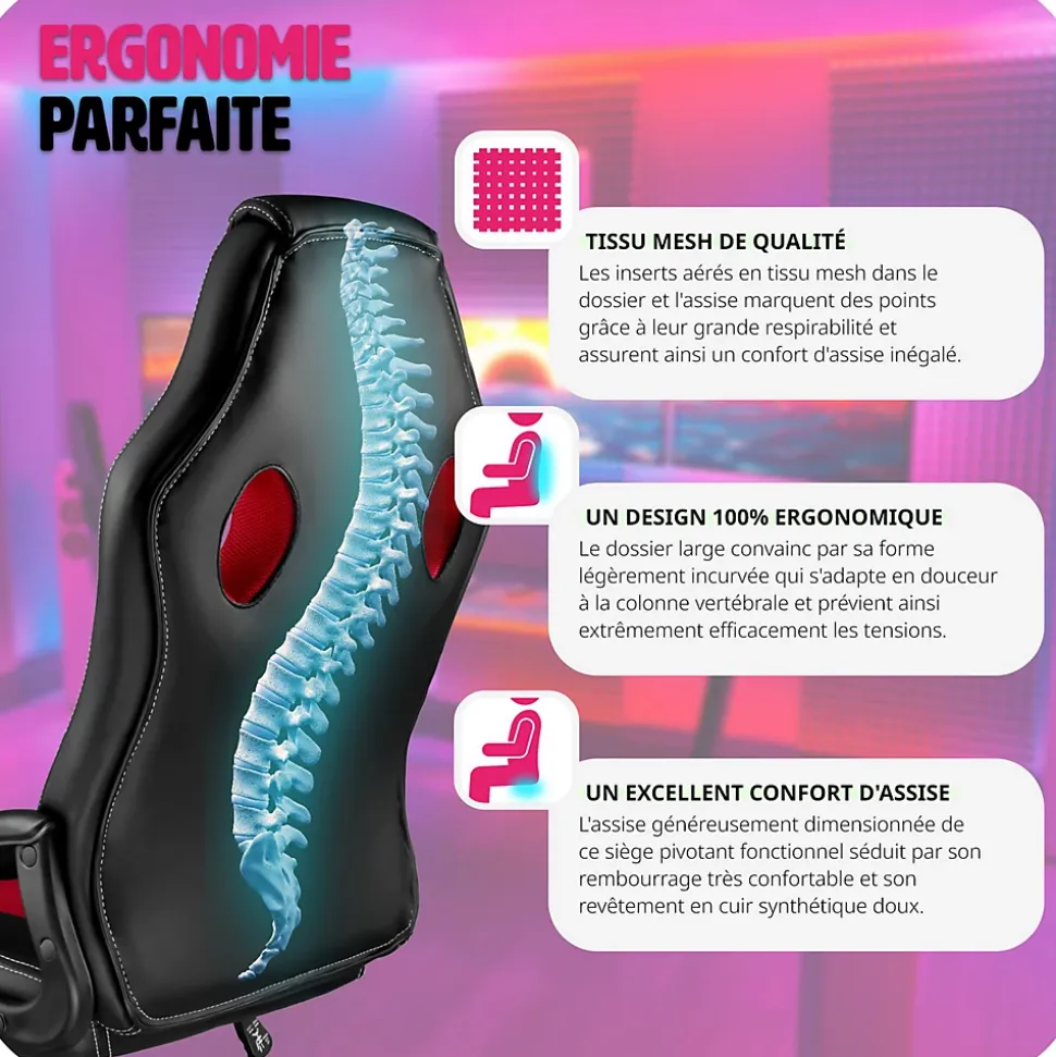 Chaise de bureau gaming Forme ergonomique noir et rouge