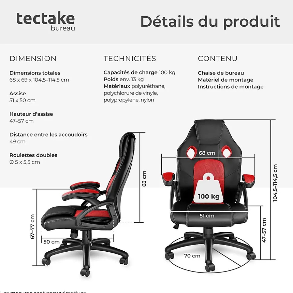 Chaise de bureau gaming Forme ergonomique noir et rouge