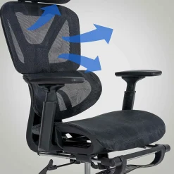Chaise de Bureau Grover Ergonomique Réglable en Hauteur, Pivotant à 360 degrés, Repose-pieds Extensible, Mesh Respirant Noir