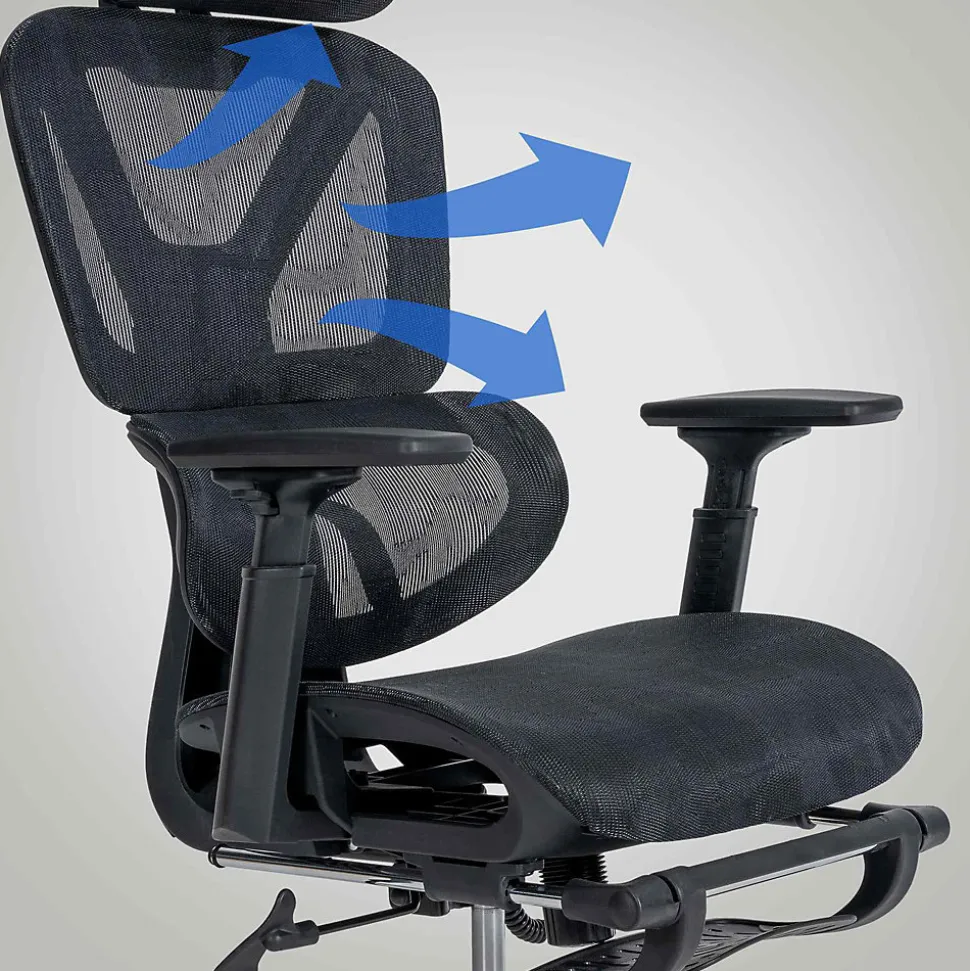 Chaise de Bureau Grover Ergonomique Réglable en Hauteur, Pivotant à 360 degrés, Repose-pieds Extensible, Mesh Respirant Noir