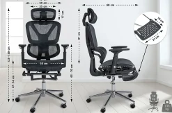Chaise de Bureau Grover Ergonomique Réglable en Hauteur, Pivotant à 360 degrés, Repose-pieds Extensible, Mesh Respirant Noir