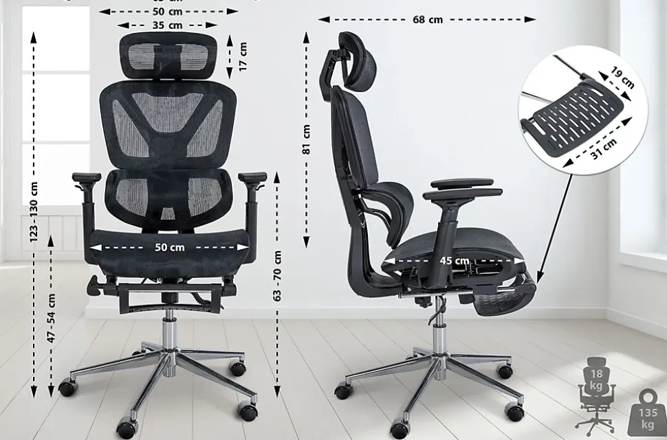 Chaise de Bureau Grover Ergonomique Réglable en Hauteur, Pivotant à 360 degrés, Repose-pieds Extensible, Mesh Respirant Noir