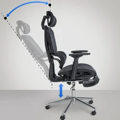 Chaise de Bureau Grover Ergonomique Réglable en Hauteur, Pivotant à 360 degrés, Repose-pieds Extensible, Mesh Respirant Noir