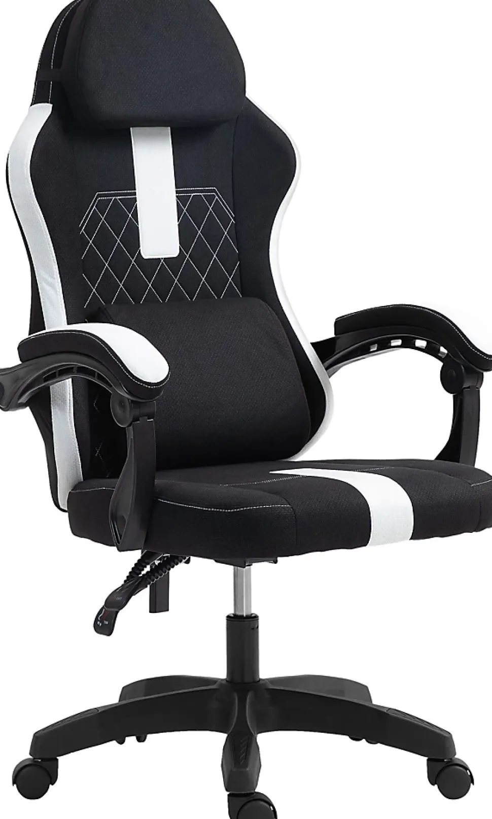 Chaise de bureau Miltona tissu, ergonomique, gaming, réglable hauteur, avec appuie-tête, rembourrage lombaire Noir/Blanc