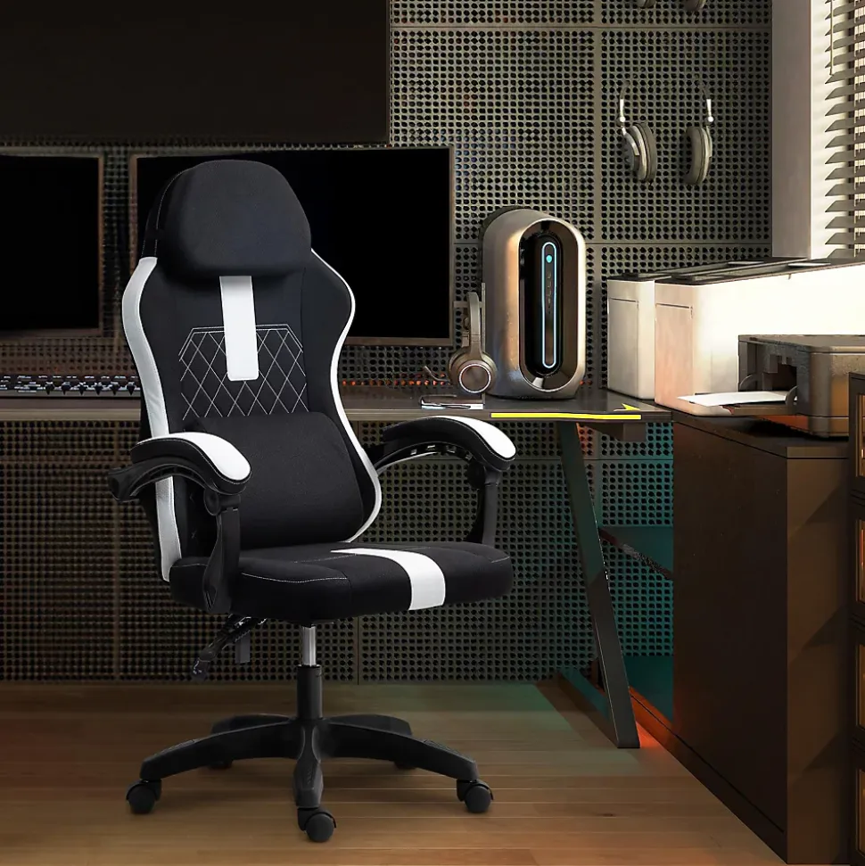 Chaise de bureau Miltona tissu, ergonomique, gaming, réglable hauteur, avec appuie-tête, rembourrage lombaire Noir/Blanc