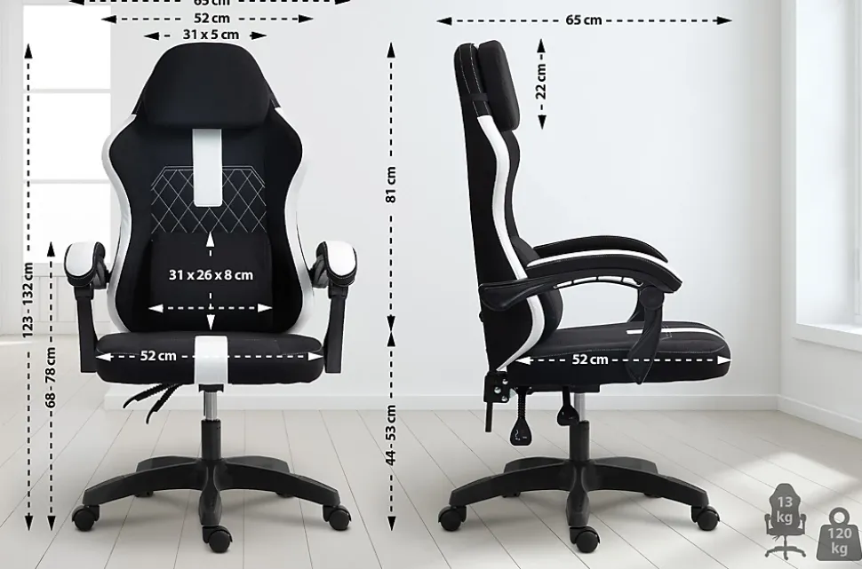 Chaise de bureau Miltona tissu, ergonomique, gaming, réglable hauteur, avec appuie-tête, rembourrage lombaire Noir/Blanc