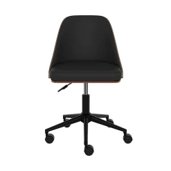 Chaise de bureau pivotante sur roulettes en bois foncé et PU noir - Georges