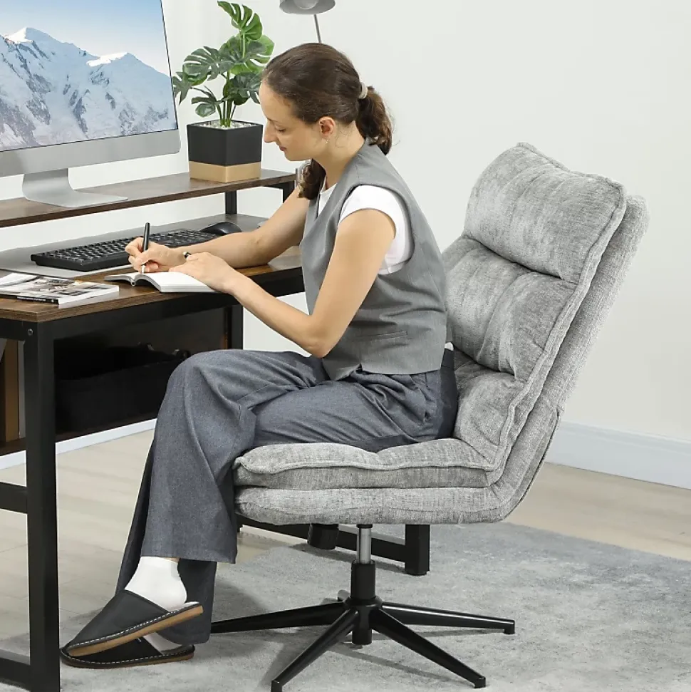 Chaise de bureau pivotante sans accoudoirs, rembourrée, tissu doux, réglable en hauteur, pieds acier, gris, confortable