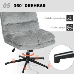 Chaise de bureau pivotante sans accoudoirs, rembourrée, tissu doux, réglable en hauteur, pieds acier, gris, confortable
