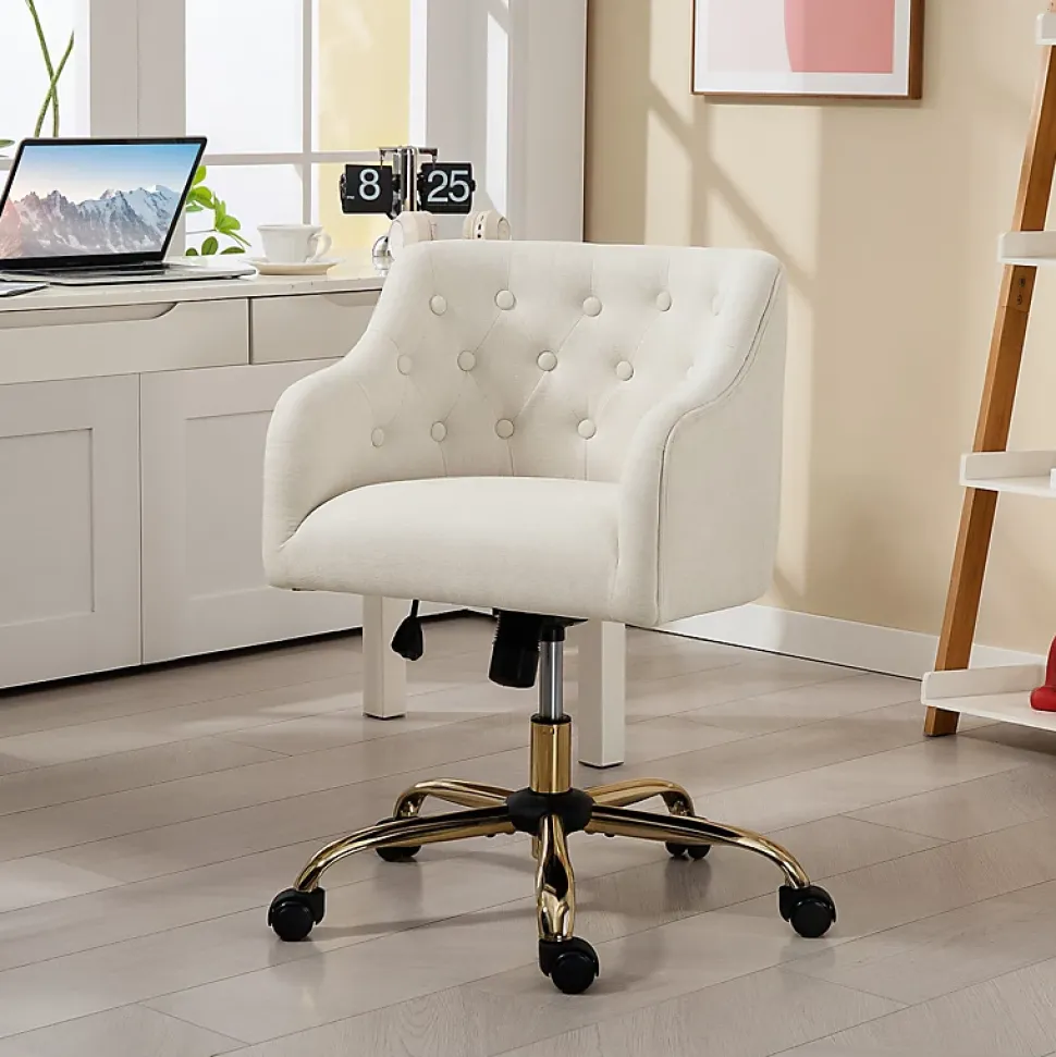 Chaise de bureau pivotante pour home office, réglable en hauteur avec fonction bascule, revêtement imitation lin beige