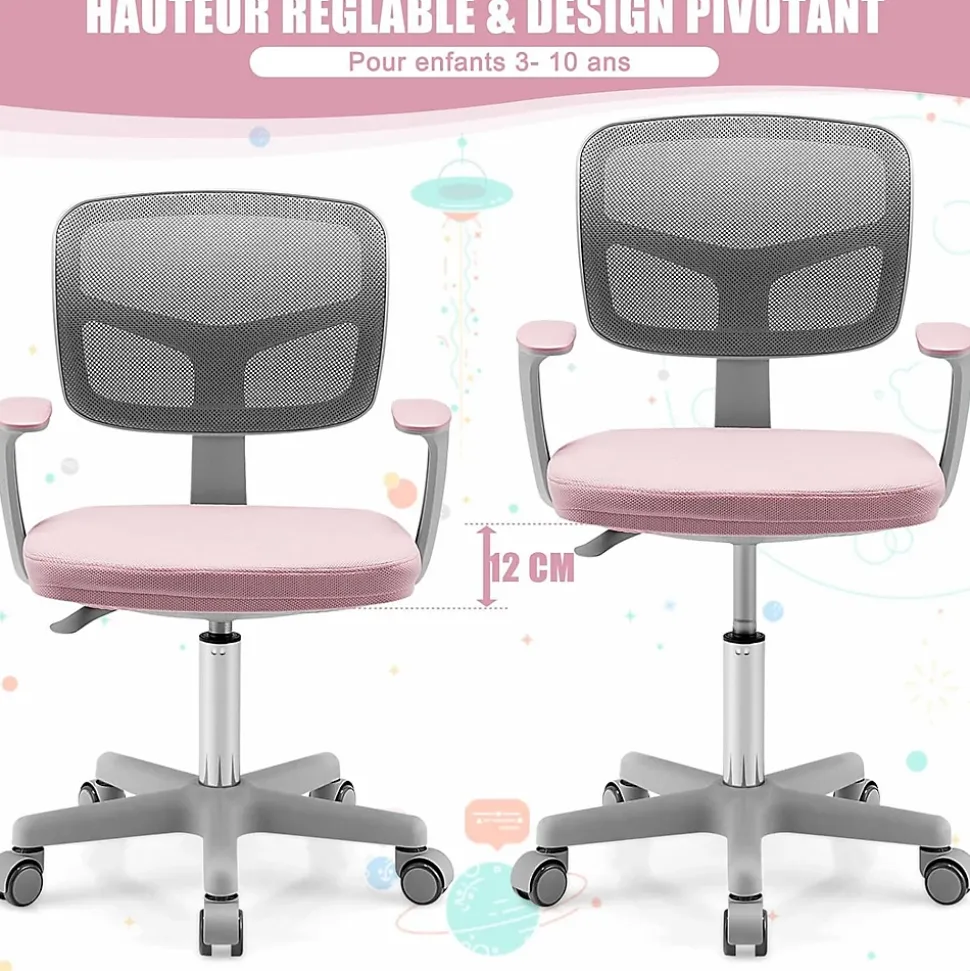 Chaise de Bureau pour Enfant Chaise Etude avec Dossier Ergonomique et Siege Hauteur Reglable Capacite de Charge Max 150 Kg Rose