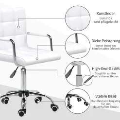 Chaise de bureau réglable fauteuil ergonomique pivotant pour bureau home office revêtement simili cuir PU blanc confortable