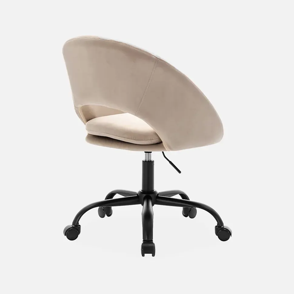 Chaise de bureau ronde à roulettes en velours blanc cassé. Pam. L 59 x P 60 x H 79 / 89cm